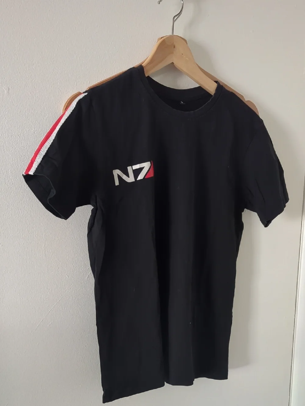Black Logo Crewneck T-Shirt with Red & White Shoulder Stripe - Picture 1 of 2